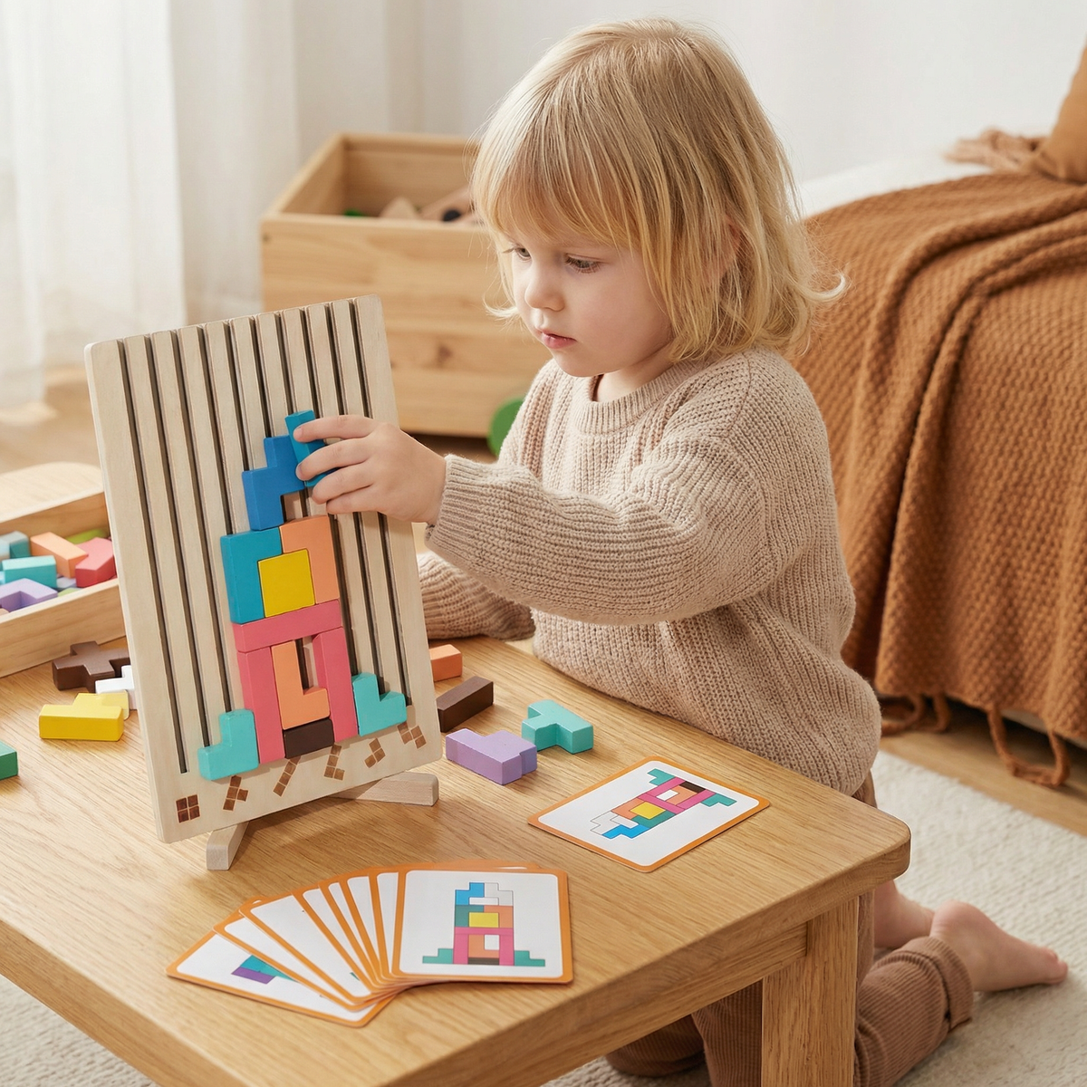 Wooden Shapes Puzzle Board with Geometric Pieces for Pattern Building