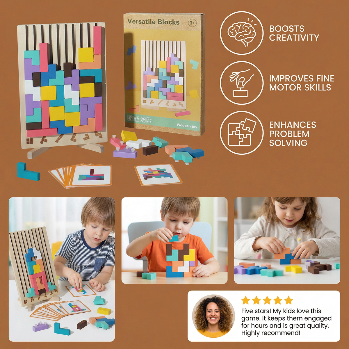 Wooden Shapes Puzzle Board with Geometric Pieces for Pattern Building