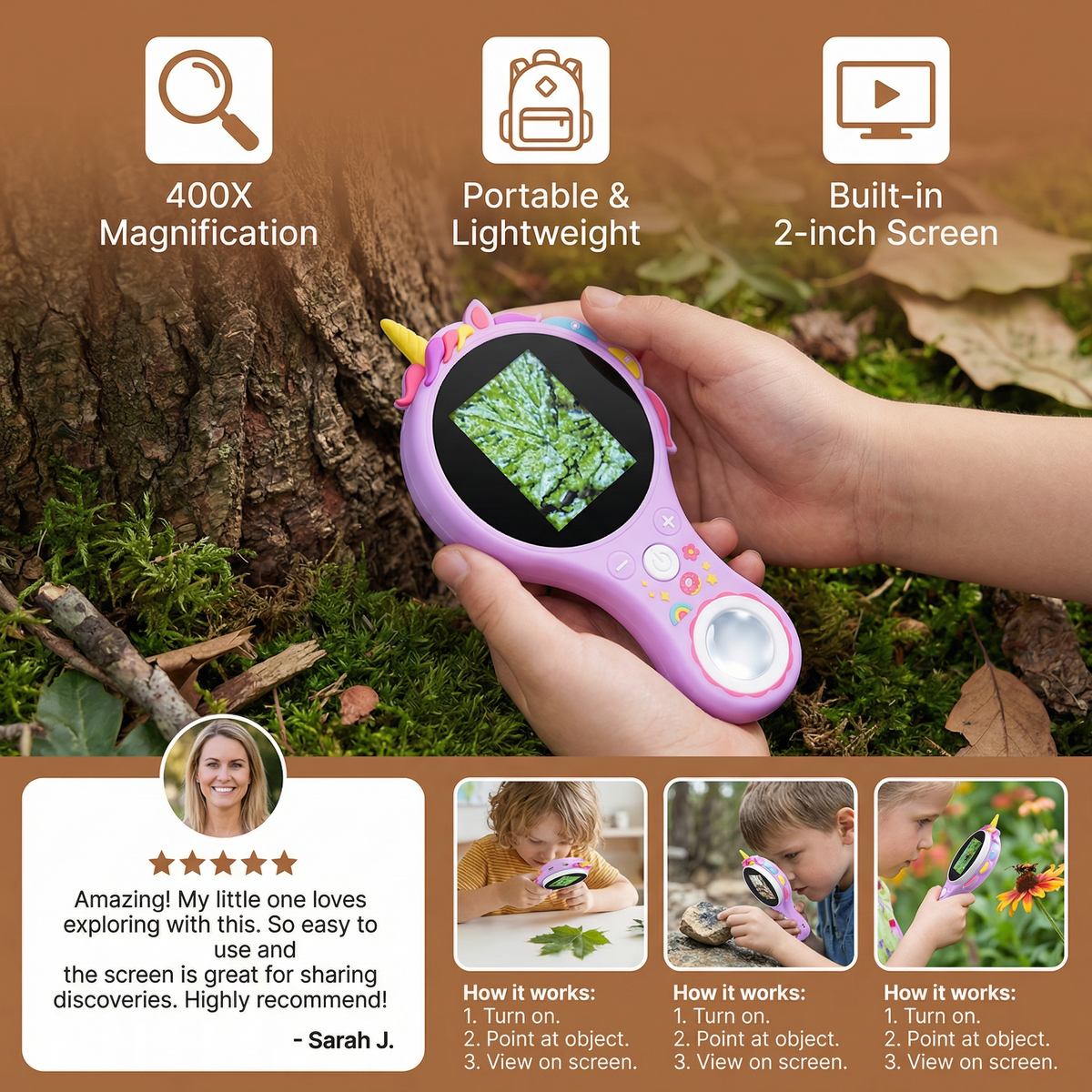 Handheld Digital Microscope with 500X Magnification and IPS Display for Kids