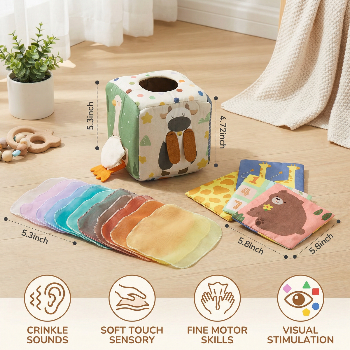 Baby Sensory Tissue Box with Crinkle Fabric Pieces and Texture Exploration