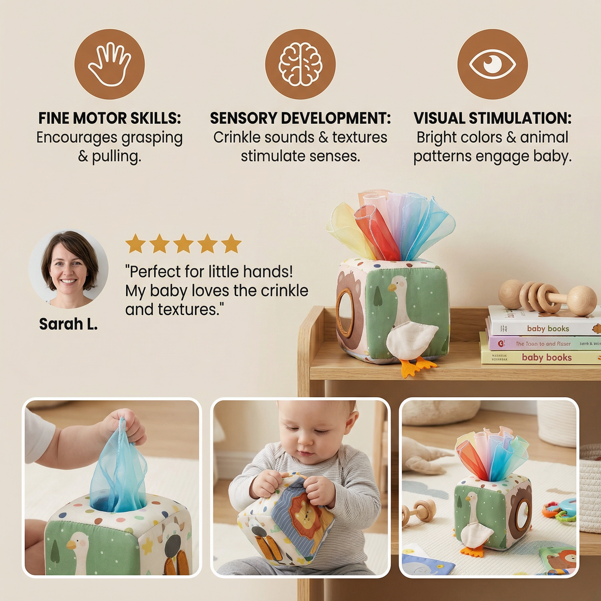 Baby Sensory Tissue Box with Crinkle Fabric Pieces and Texture Exploration