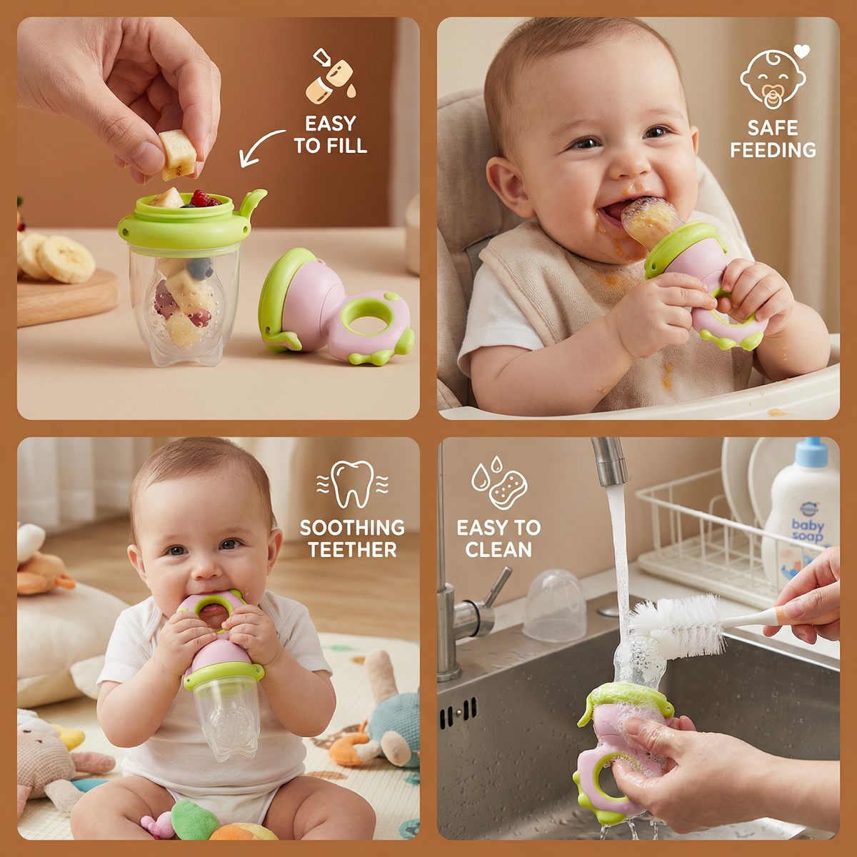 Silicone Baby Feeder with Press Mechanism and Soft Mesh Tip for Self-Feeding