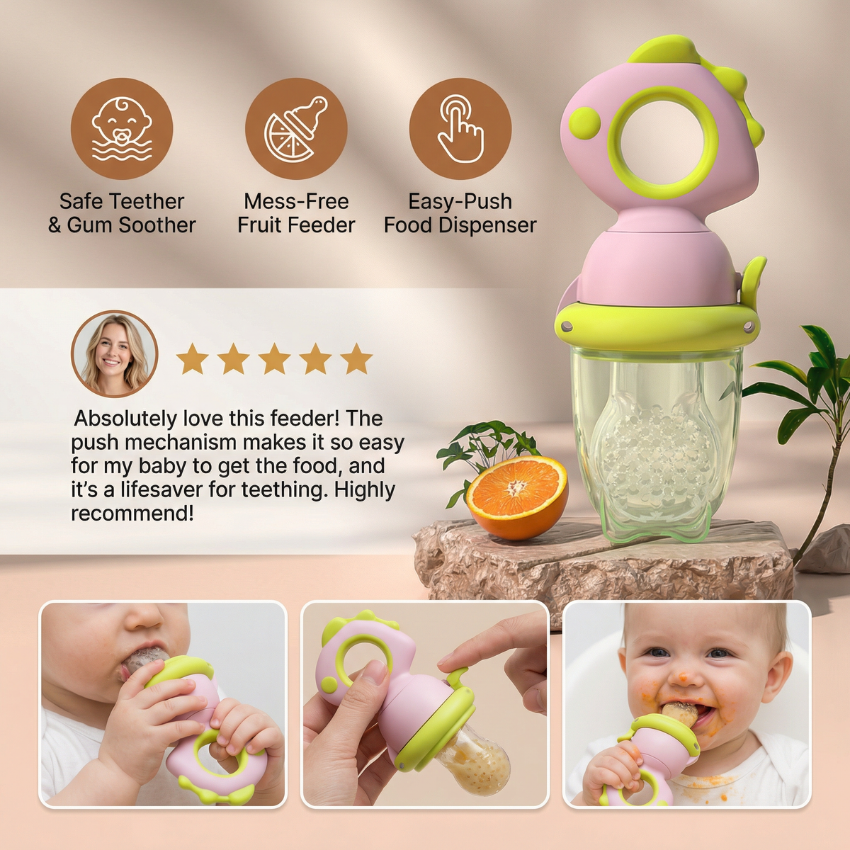 Silicone Baby Feeder with Press Mechanism and Soft Mesh Tip for Self-Feeding