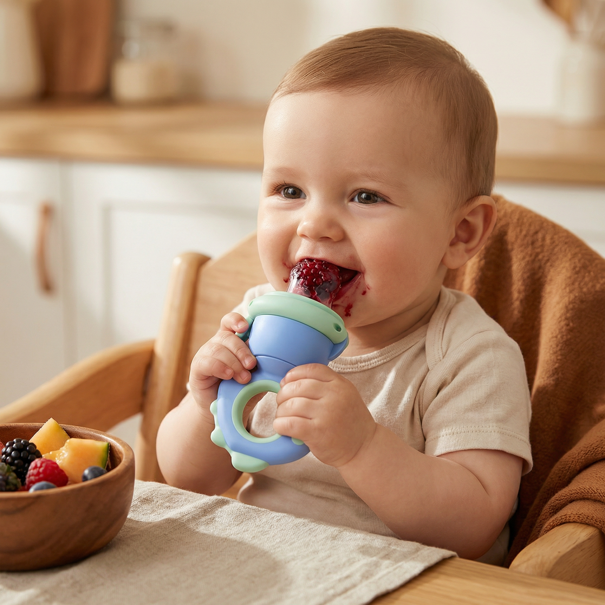 Silicone Baby Feeder with Press Mechanism and Soft Mesh Tip for Self-Feeding