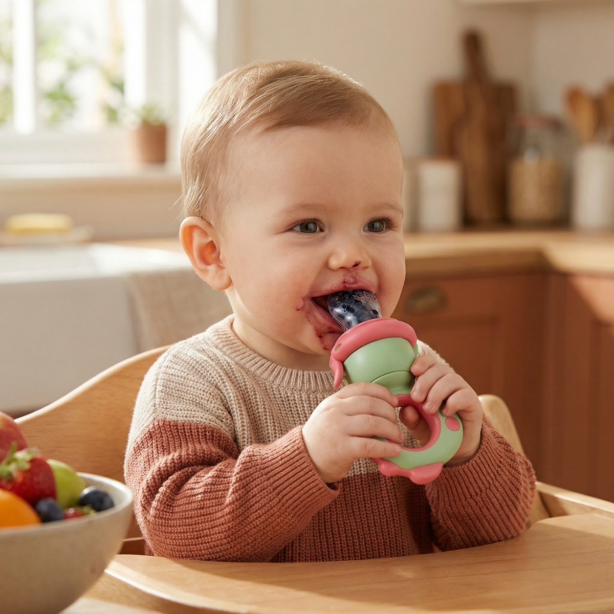 Silicone Baby Feeder with Press Mechanism and Soft Mesh Tip for Self-Feeding