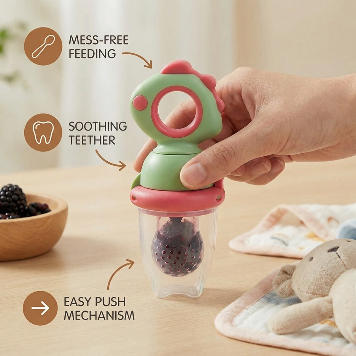 Silicone Baby Feeder with Press Mechanism and Soft Mesh Tip for Self-Feeding