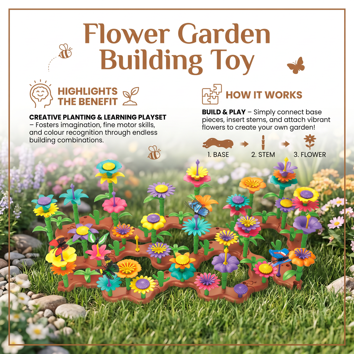 Flower Garden Pegging Game with Colorful Peg Pieces and Multiple Flower Designs