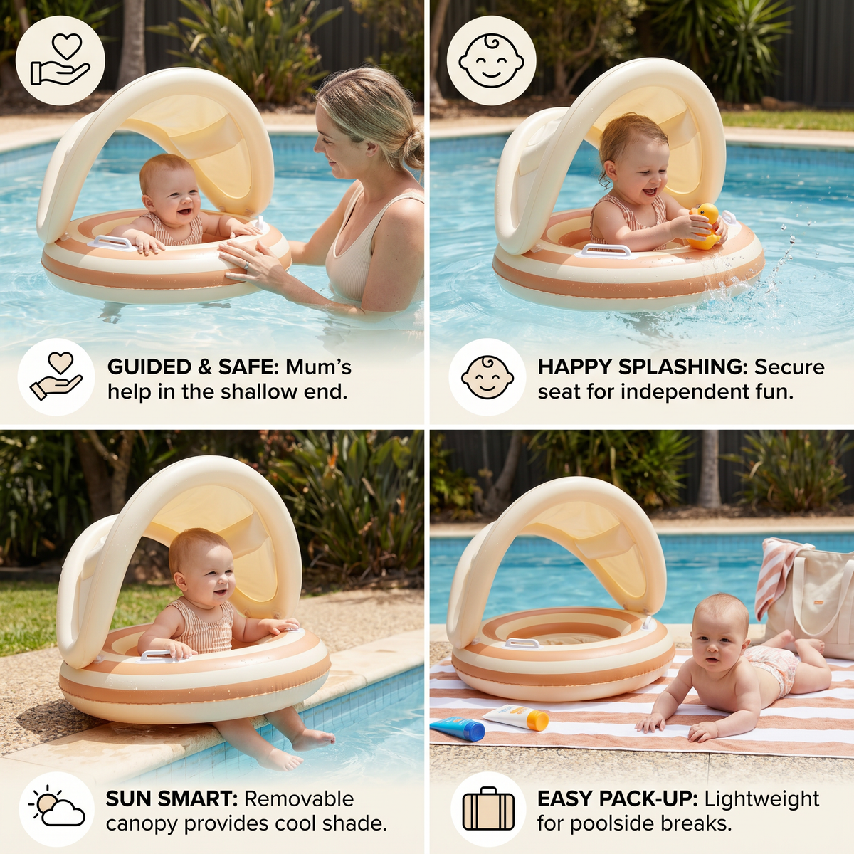 Baby Swim Ring with Integrated Seat and Removable Sun Canopy for 6-36 Months