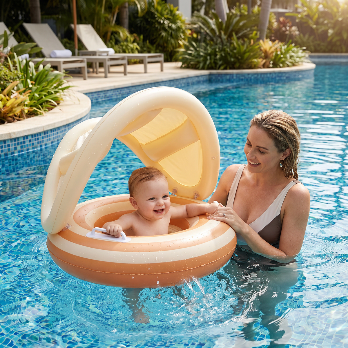 Baby Swim Ring with Integrated Seat and Removable Sun Canopy for 6-36 Months