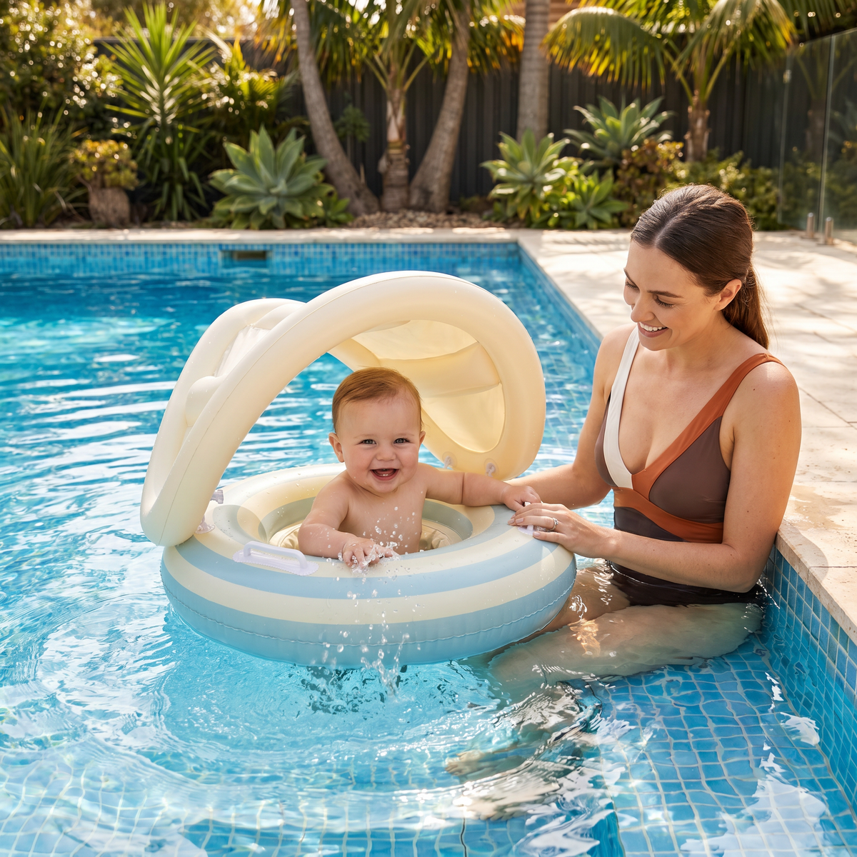Baby Swim Ring with Integrated Seat and Removable Sun Canopy for 6-36 Months