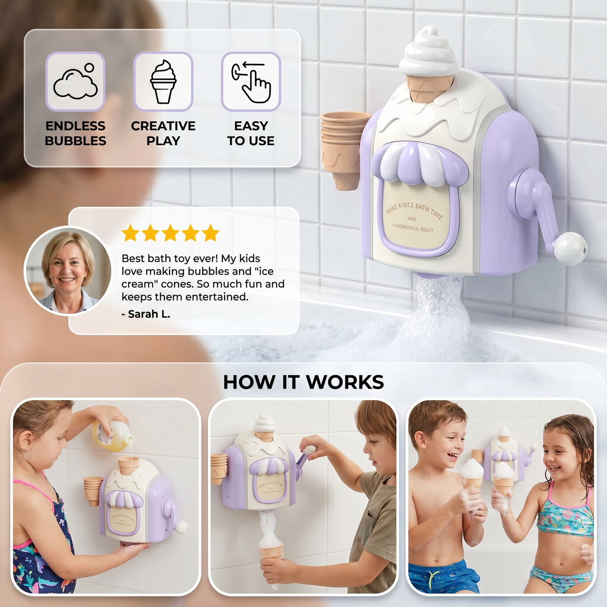Bubble Making Ice Cream Toy for Bath Time with Smiling Face Design