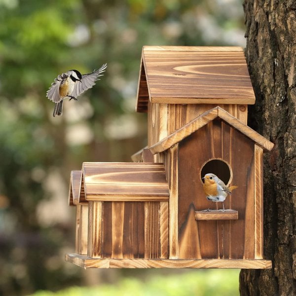 Wooden Birdhouse with 6 Multi-Directional Entrances and Hanging Hook