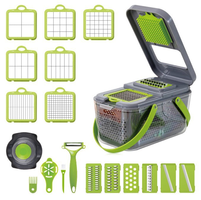 Vegetable Slicer with 18 Interchangeable Blades and Hand Guard, Built-in Container