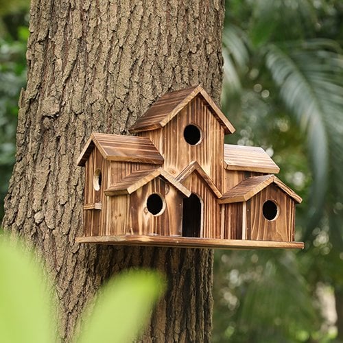 Wooden Birdhouse with 6 Multi-Directional Entrances and Hanging Hook