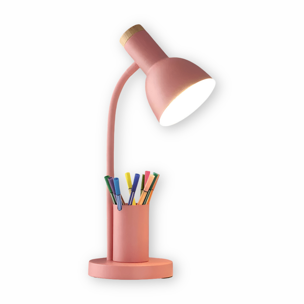 Modern LED Desk Lamp with Pen Holder, Three Light Colors and Adjustable Head in 4 Colors