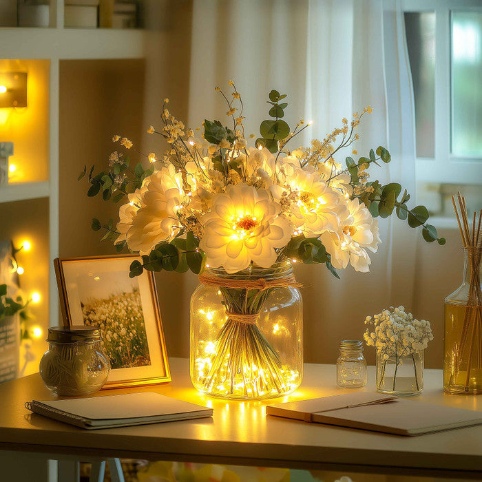 Light Up Flower Jar Arrangement with Warm LED Lights for Tables and Shelves