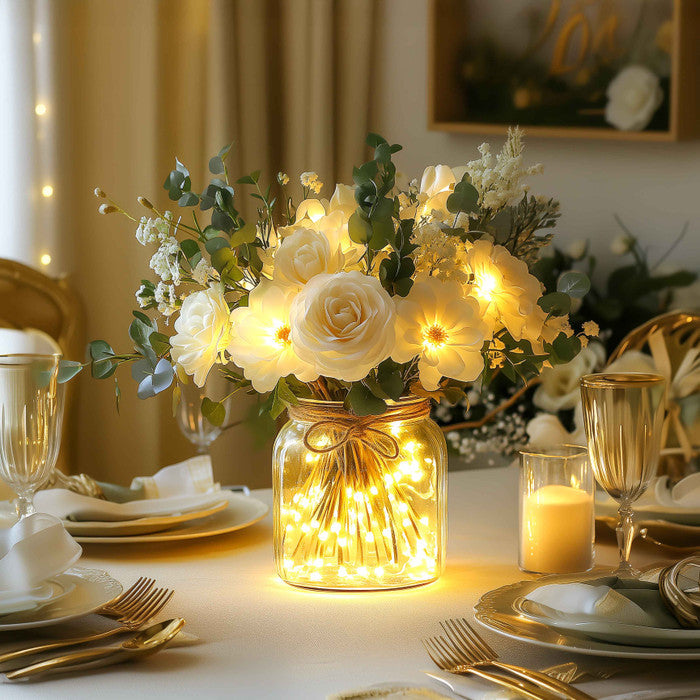 Light Up Flower Jar Arrangement with Warm LED Lights for Tables and Shelves