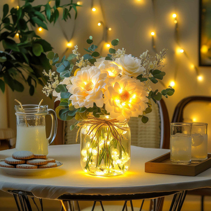 Light Up Flower Jar Arrangement with Warm LED Lights for Tables and Shelves