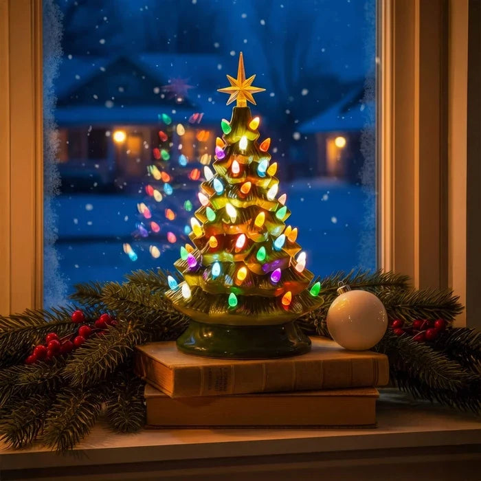 Tabletop Christmas Tree Light with Golden Star Topper Sculpted Evergreen Look and Warm Glow