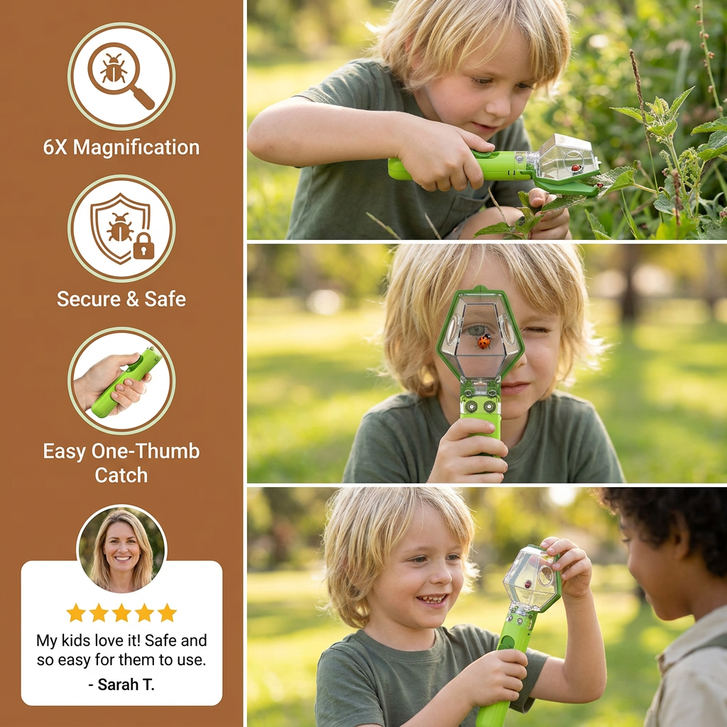Insect Catcher with 6X Magnifying Lens and Slide Top Chamber for Kids