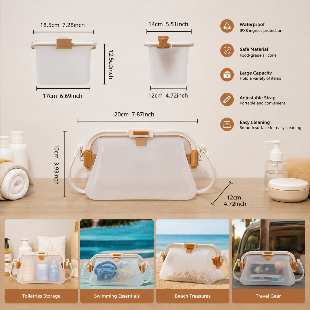 Silicone Beach Bag with Fold-Over Seal and Adjustable Shoulder Strap