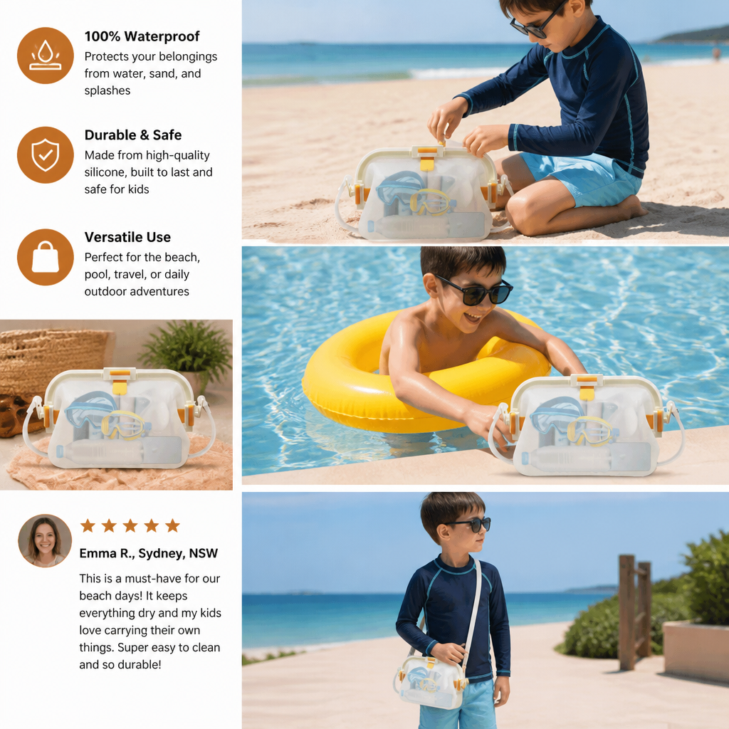 Silicone Beach Bag with Fold-Over Seal and Adjustable Shoulder Strap