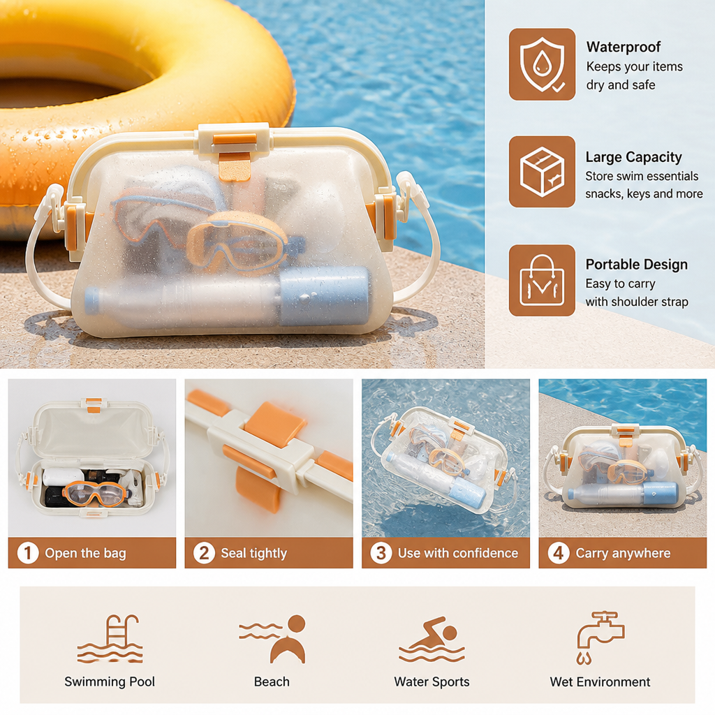 Silicone Beach Bag with Fold-Over Seal and Adjustable Shoulder Strap