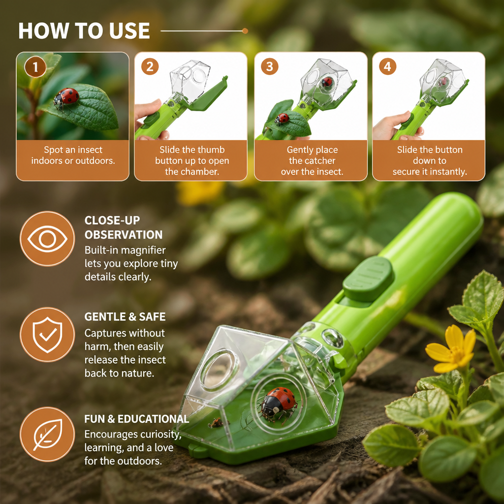 Insect Catcher with 6X Magnifying Lens and Slide Top Chamber for Kids