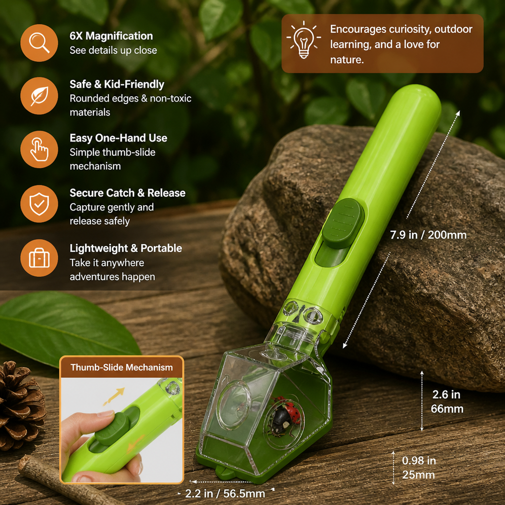 Insect Catcher with 6X Magnifying Lens and Slide Top Chamber for Kids