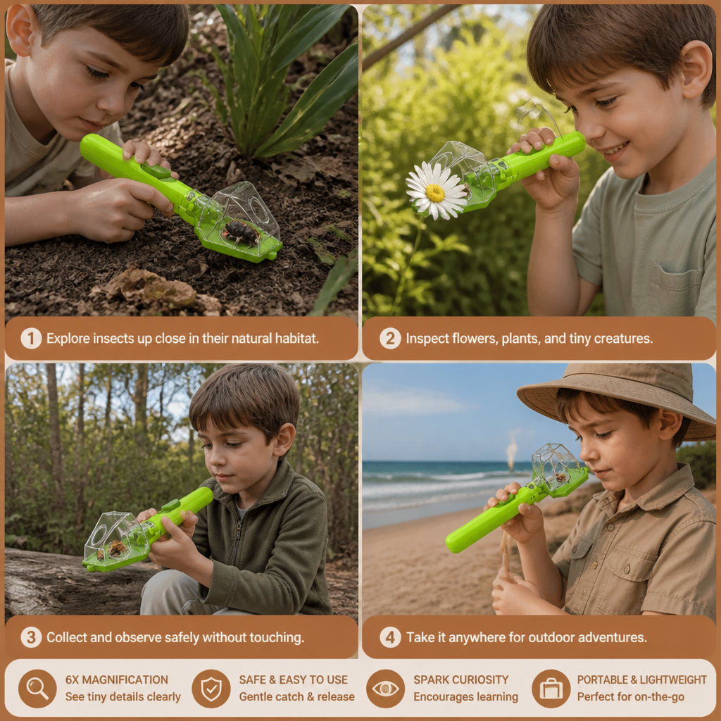 Insect Catcher with 6X Magnifying Lens and Slide Top Chamber for Kids