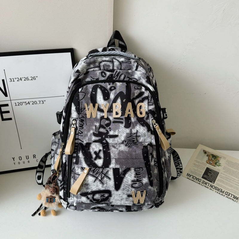 Graffiti Print Backpack with Padded Straps and Multiple Compartments, Weather Resistant