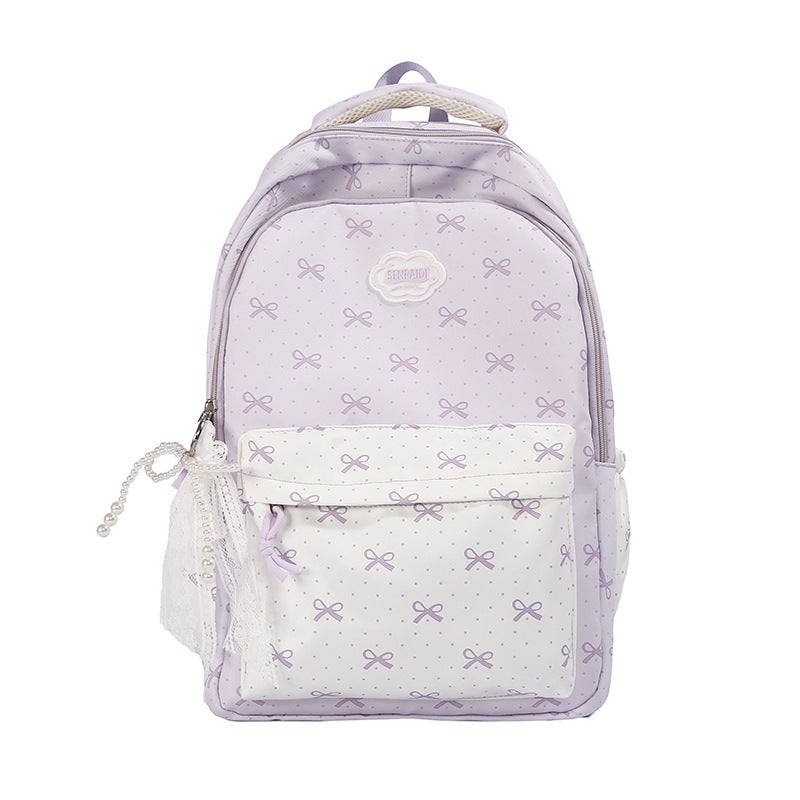 Backpack with Bow Print Design and Multiple Interior Compartments, Adjustable Padded Straps