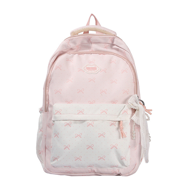 Backpack with Bow Print Design and Multiple Interior Compartments, Adjustable Padded Straps