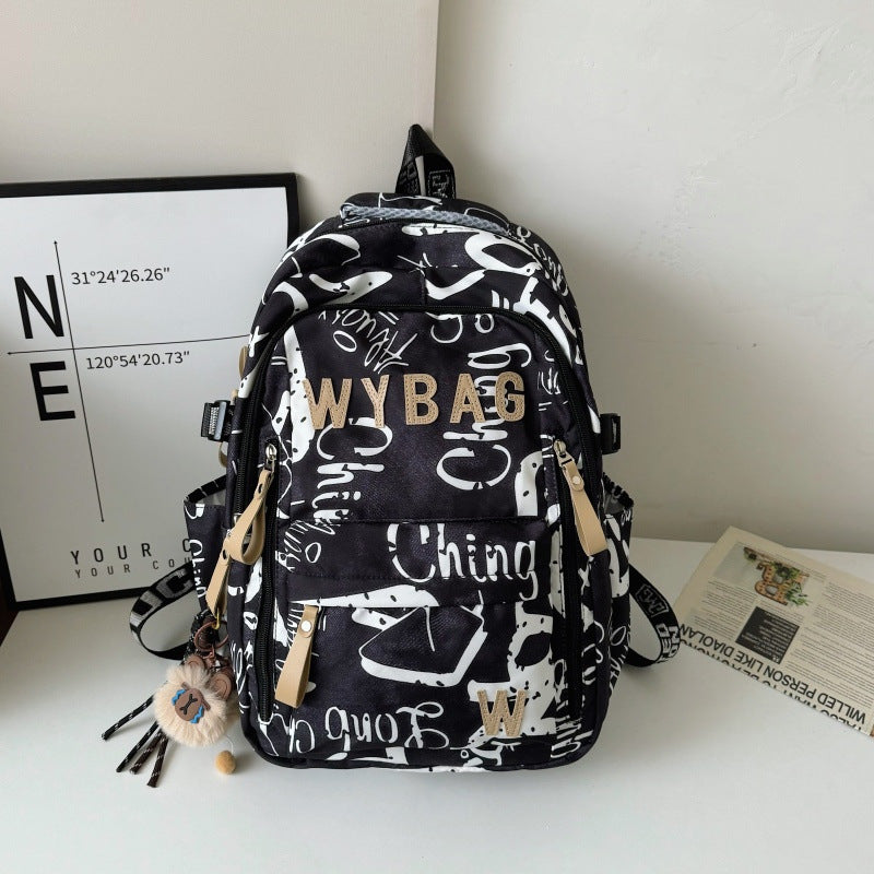 Graffiti Print Backpack with Padded Straps and Multiple Compartments, Weather Resistant
