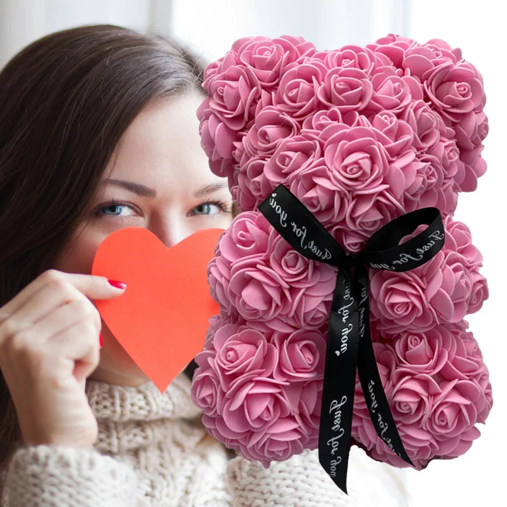 Foam Rose Teddy Bear with Ribbon Accent, 9.8 Inches Tall