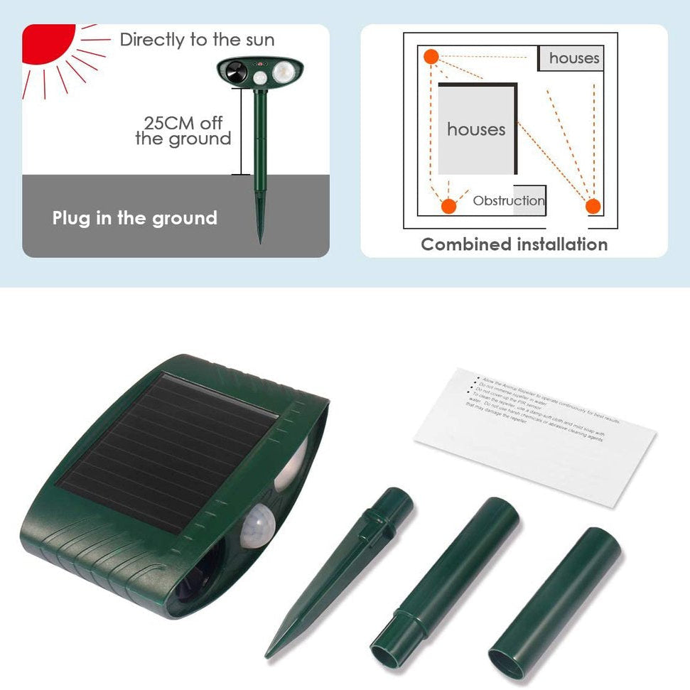 Solar Powered Ultrasonic Rabbit Repeller with Motion Sensor and Flashing Light, 30ft Range