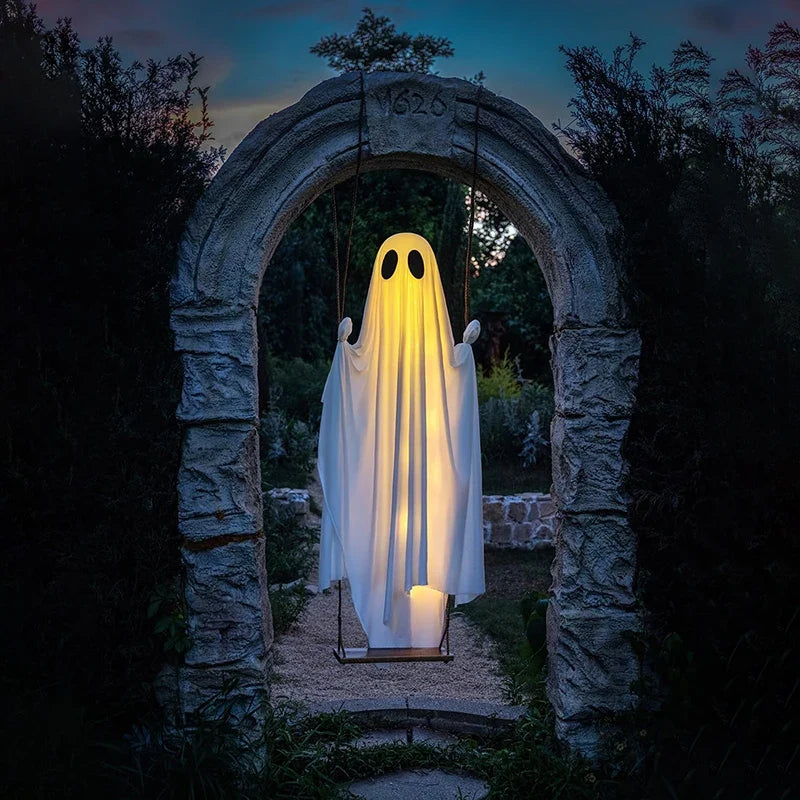 Hanging Ghost Swing with String Lights and Wooden Seat for Halloween