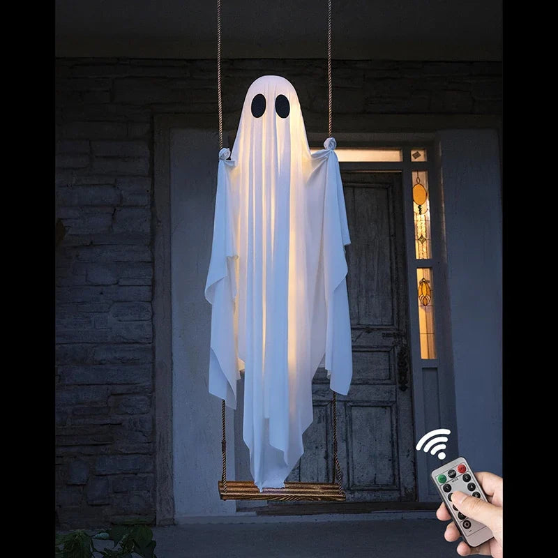 Hanging Ghost Swing with String Lights and Wooden Seat for Halloween