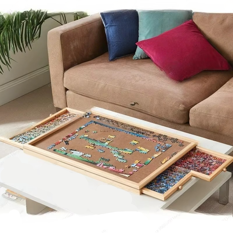 Wooden Puzzle Table with Four Drawers and Auxiliary Board for 1500 Pieces