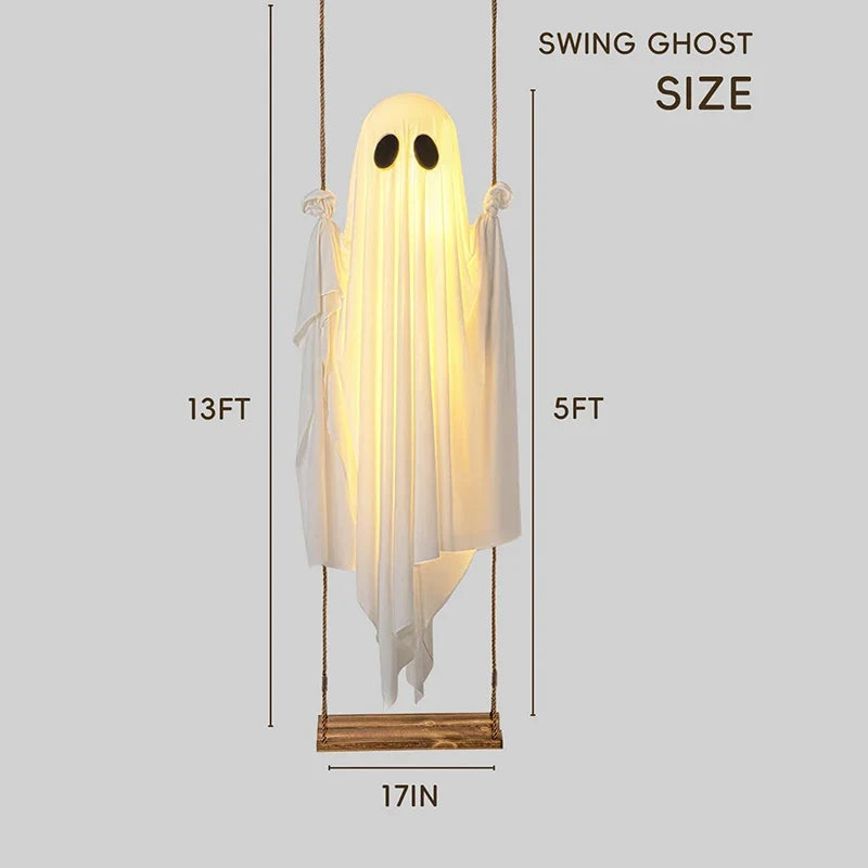 Hanging Ghost Swing with String Lights and Wooden Seat for Halloween