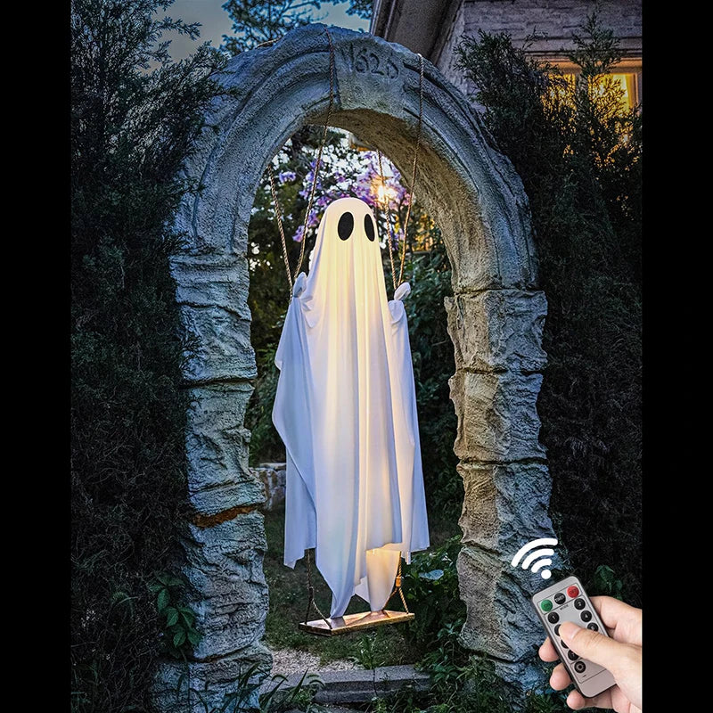Hanging Ghost Swing with String Lights and Wooden Seat for Halloween
