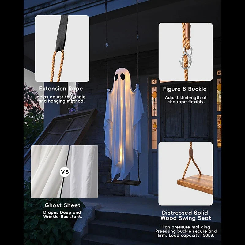 Hanging Ghost Swing with String Lights and Wooden Seat for Halloween