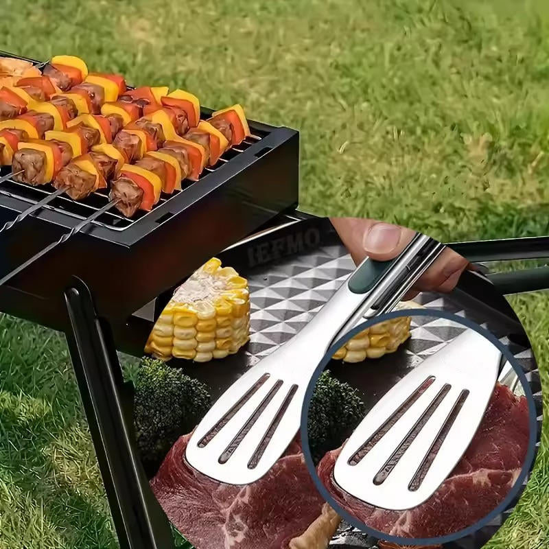 Stainless Steel Kitchen Tongs with Scalloped Tips and Spring-Loaded Mechanism