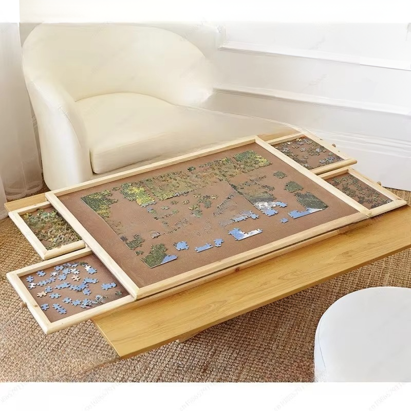 Wooden Puzzle Table with Four Drawers and Auxiliary Board for 1500 Pieces
