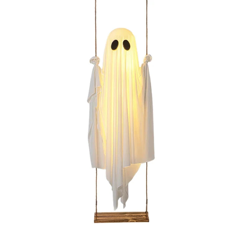 Hanging Ghost Swing with String Lights and Wooden Seat for Halloween