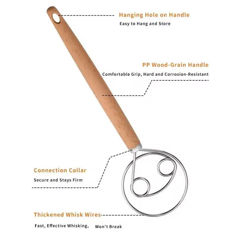 Bread Dough Whisk with Stainless Steel Coil and Beechwood Handle
