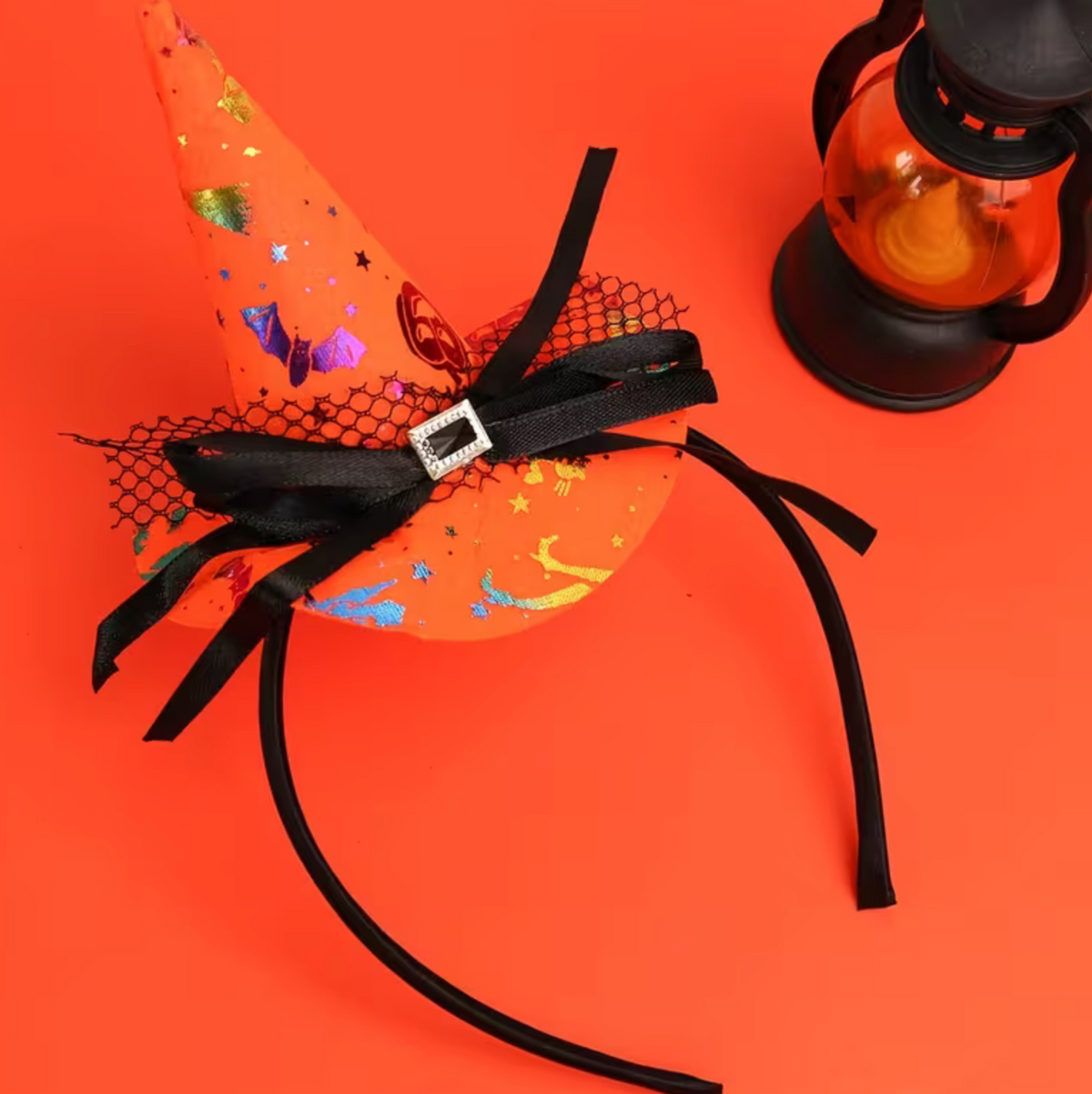 Orange Witch Hat Headband with Mini Pointed Hat, Lace Edging, and Spider Web Print