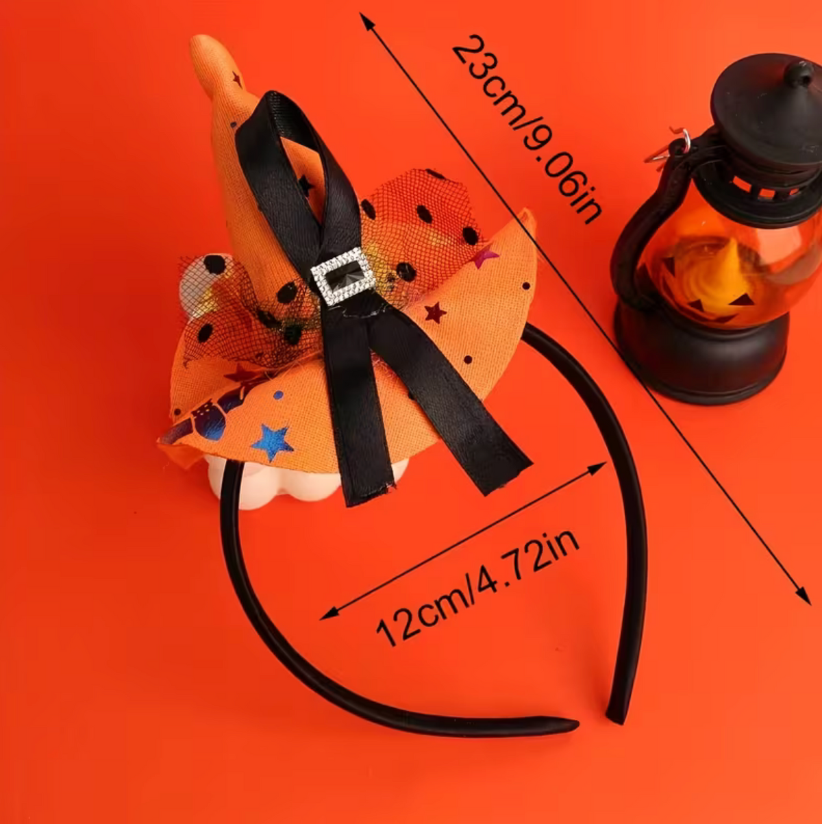 Orange Witch Hat Headband with Mini Pointed Hat, Lace Edging, and Spider Web Print