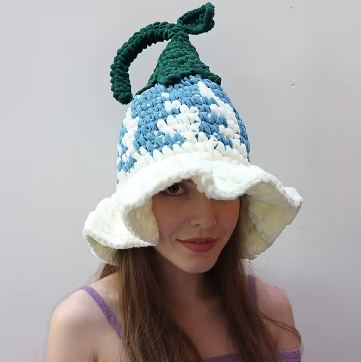 Hand Crocheted Wizard Hat for Women with Floral Stitching and Pointed Cone in Three Colors
