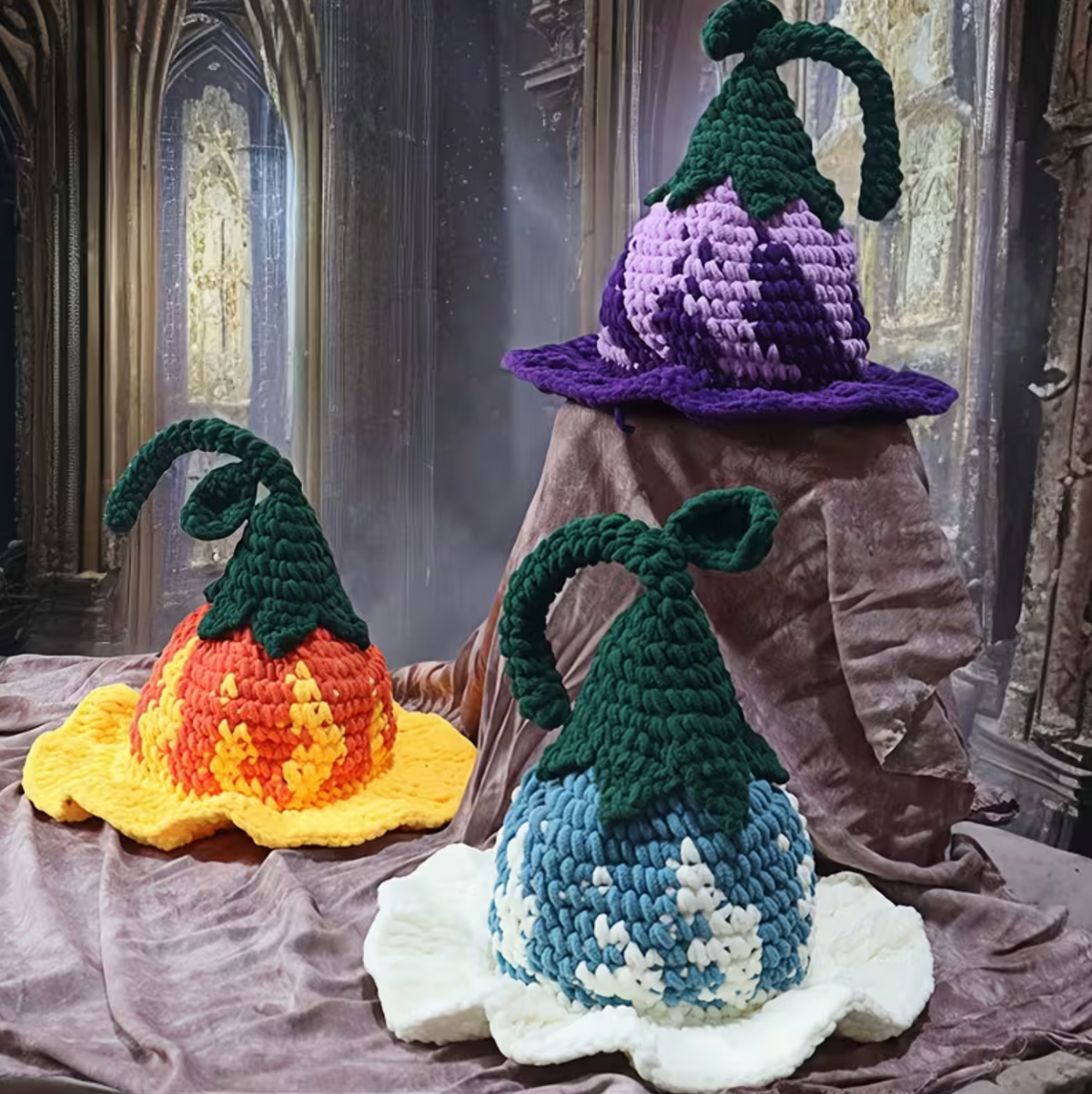 Hand Crocheted Wizard Hat for Women with Floral Stitching and Pointed Cone in Three Colors